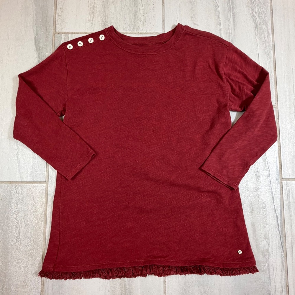 Spartina 449 Womens Small Burgundy Red Button Shoulder Fringe Hem Slub Top Peru